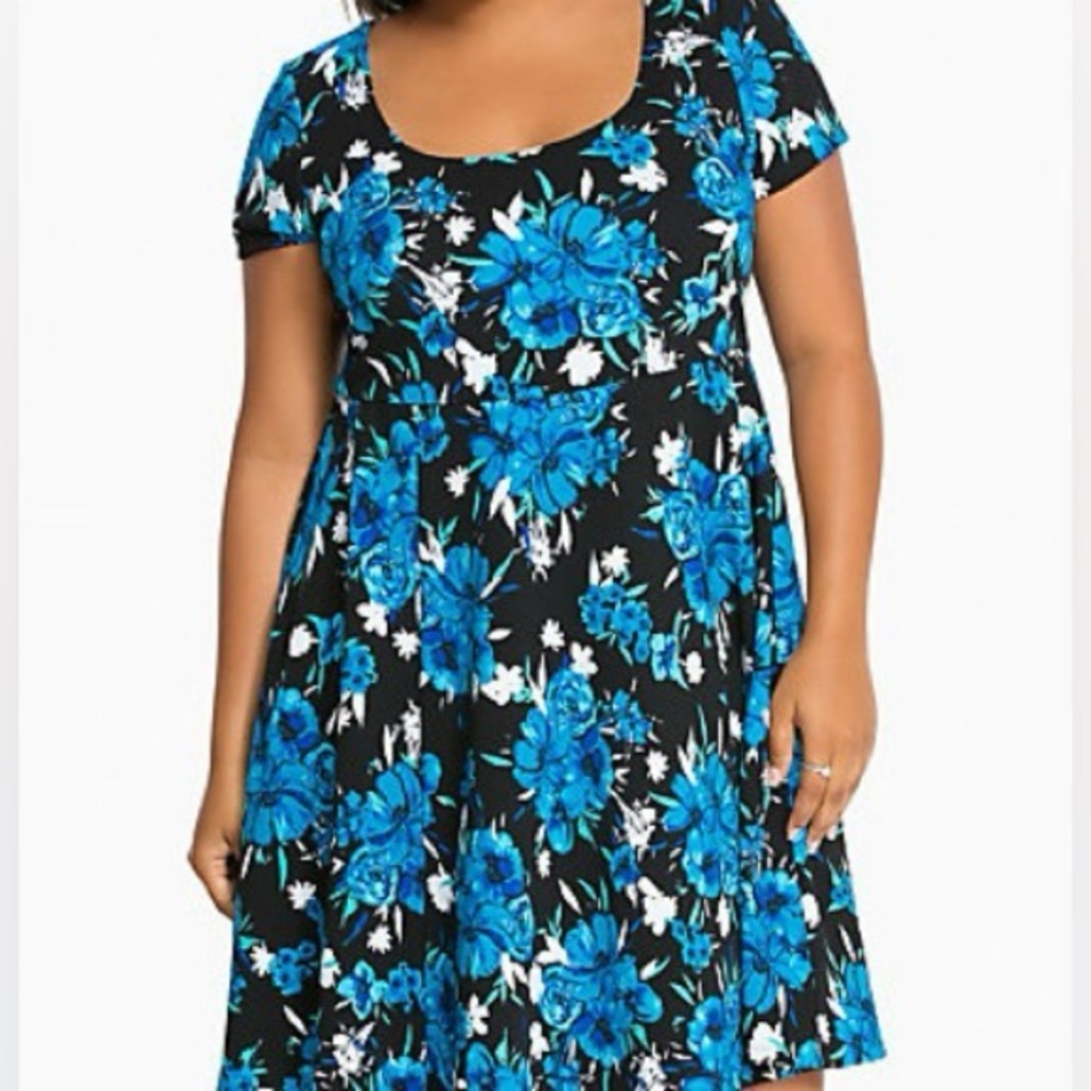 Torrid Black Dress with Vibrant Blue Floral Print